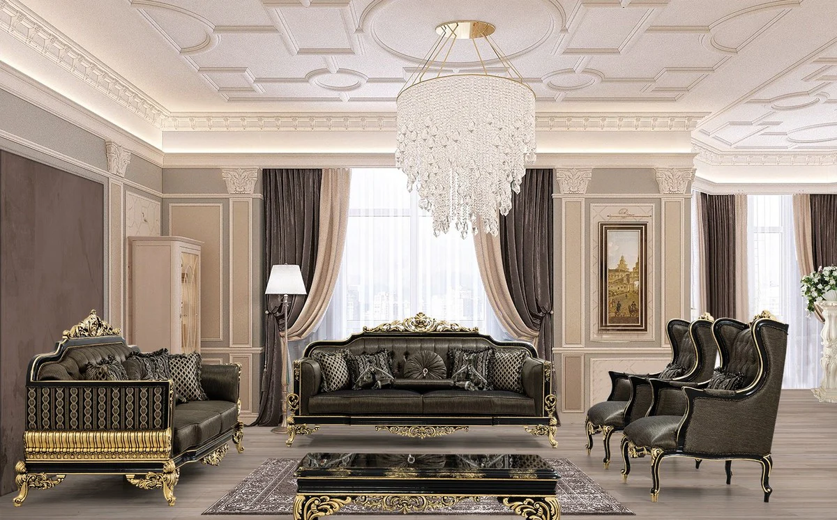 Luxury Baroque Living Room Set Gray / Black / Gold - 2 Sofas & 2 Armchairs & 1 Coffee Table - Magnificent Baroque Living Room Furniture