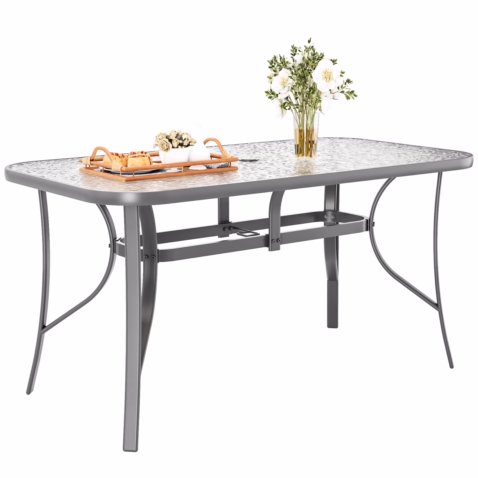 Pirecart Outdoor Glass Table with Umbrella Hole, Patio Dining Table for 6, for Garden, Balcony, Backyard, Poolside, Lawn, Gray