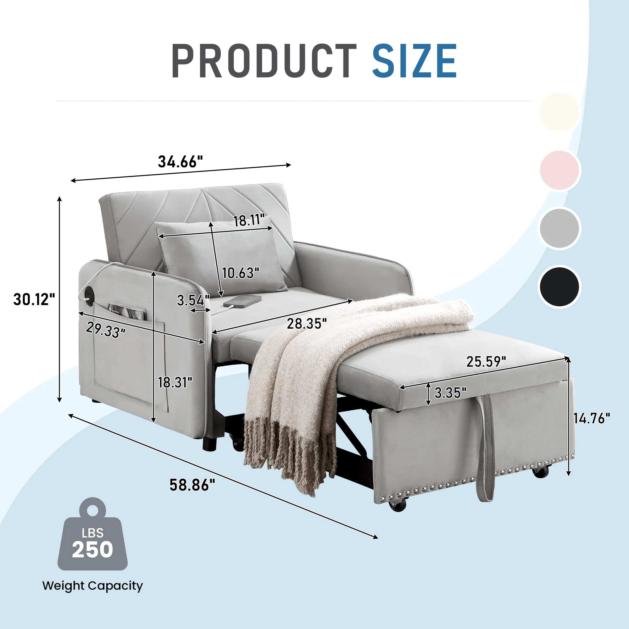 Lunale 3 - in - 1 Convertible Sleeper Chair Bed, Indoor Lounge Chair with USB/Type - C Charging Ports, Modern Recliner Sofa for Living Room, Gray Velvet
