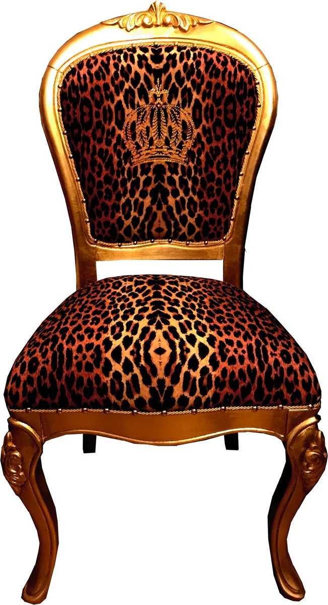 Pompöös by Luxury Baroque Dining Room Chair Crown with Rhinestones Leopard / Gold - Pompööser Baroque Chair designed by Harald Glööckler