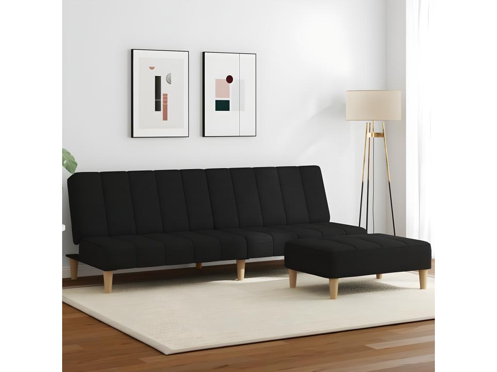 Sofá cama de 2 plazas con taburete tela negro