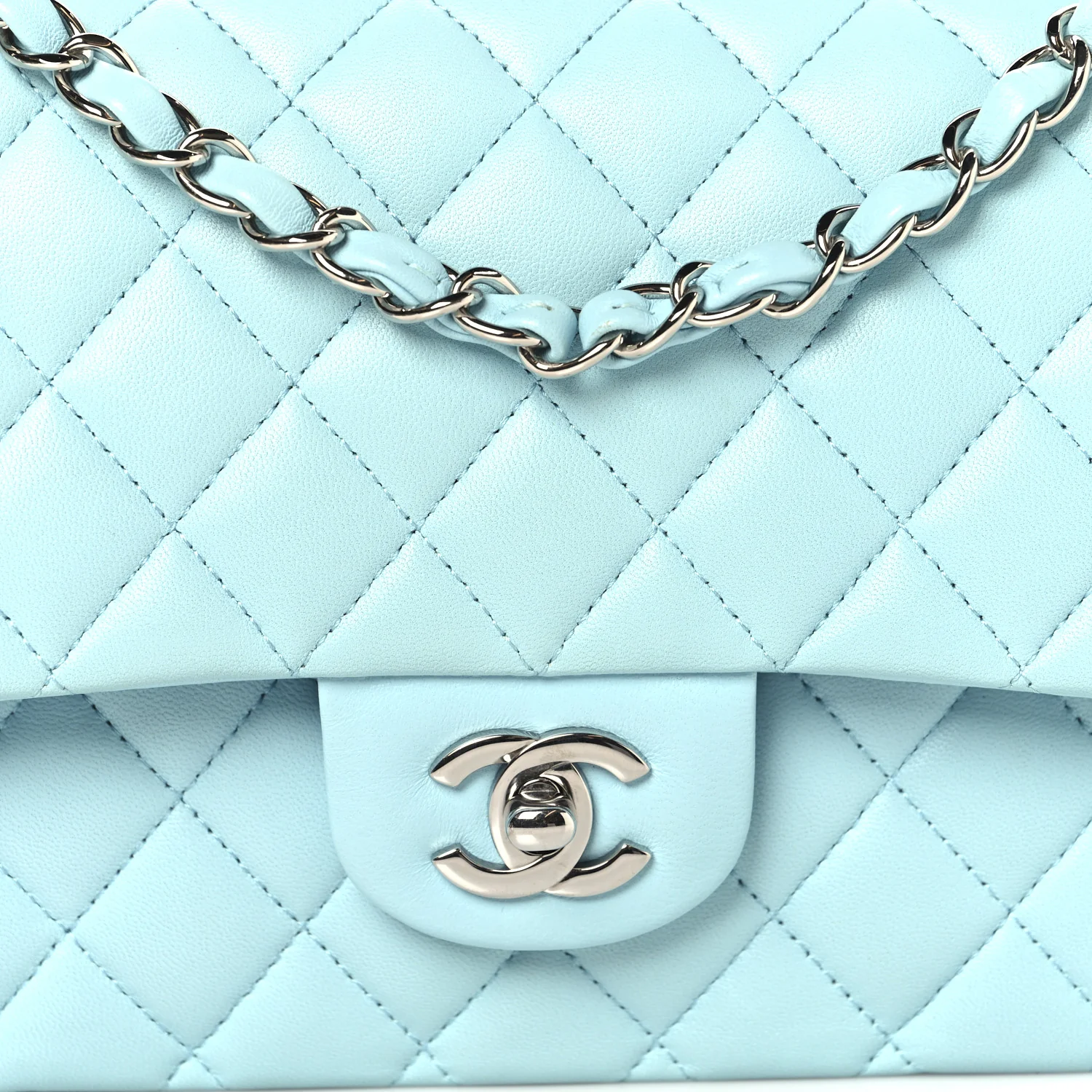 Lambskin Quilted Medium Double Flap Light Blue - Top Club