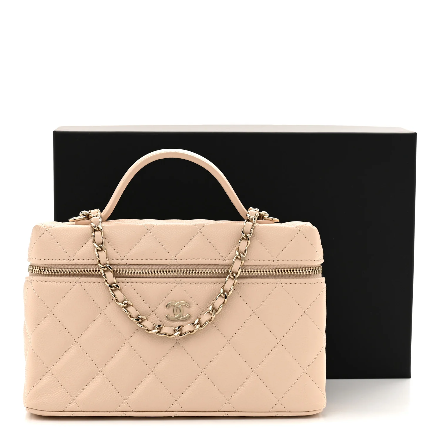 Caviar Quilted Top Handle Slim Vanity With Chain Beige - Top Club