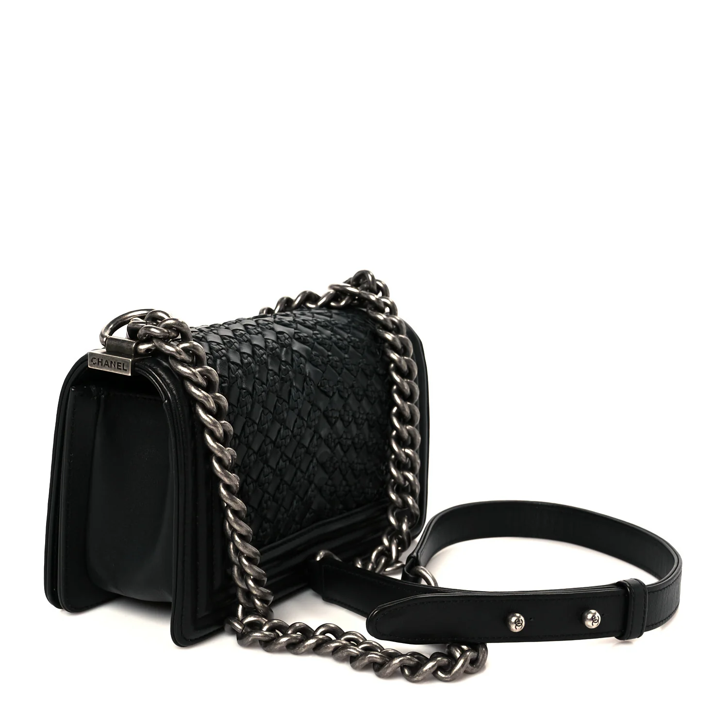 Lambskin Braided Woven Small Boy Flap Black - Top Club