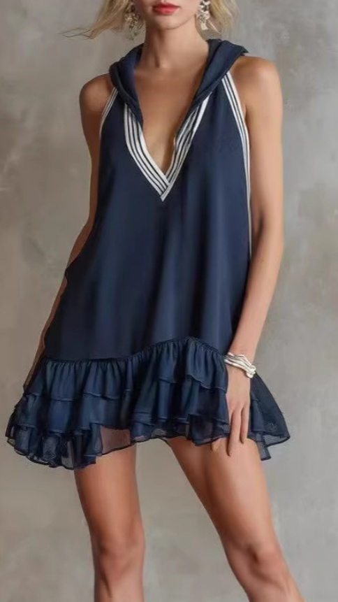 Women's Elegant, Sporty-Style Dark Blue Cotton Sleeveless Hooded Mini Dress - Nordfashionstorm - Women's Clothing, Fashion for You - Nordfashionstorm.com