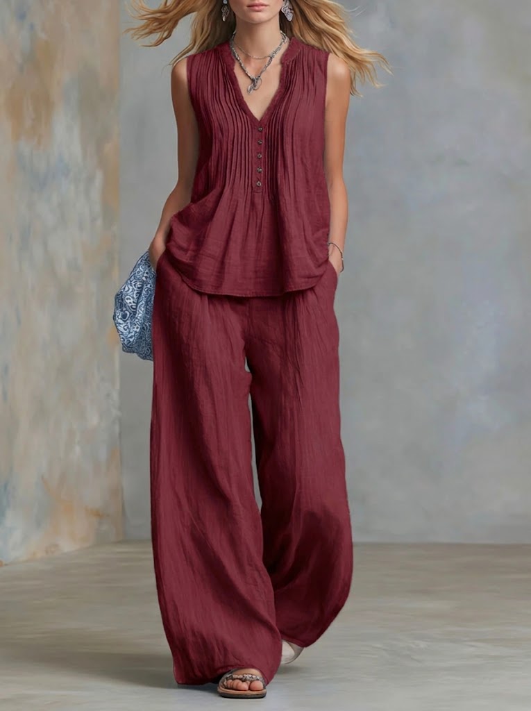 Plus Size Friendly Casual Linen And Cotton Pleated Sleeveless Top And Pants Two-piece Set - Nordfashionstorm - Women's Clothing, Fashion for You - Nordfashionstorm.com