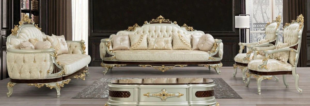 Luxury Baroque Living Room Set Cream / Beige / Dark Brown / Silver / Gold - 2 Sofas & 2 Armchairs & 1 Coffee Table - Living Room Furniture in Baroque Style - Noble & Magnificent