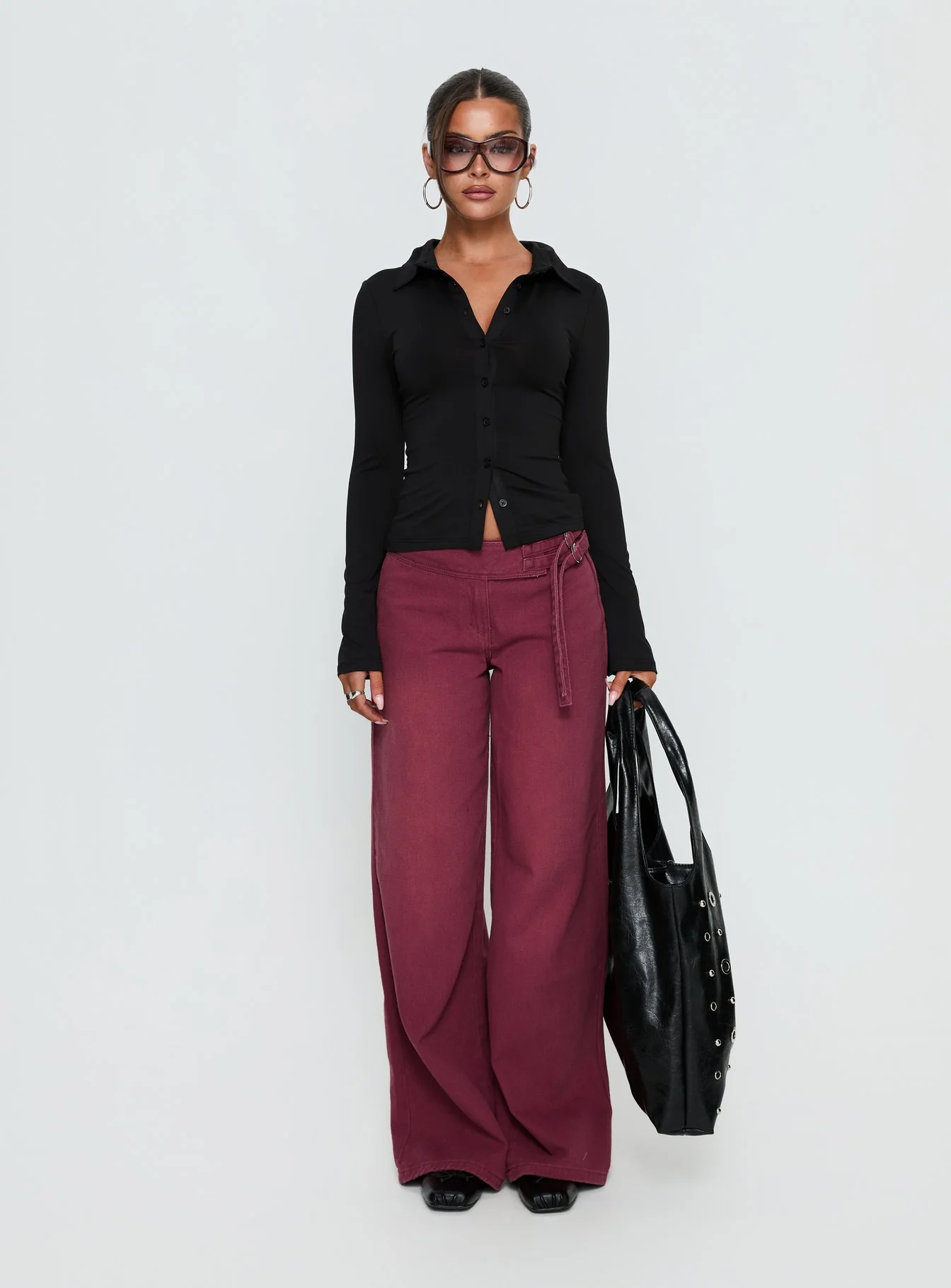 Boxie Mid Rise Wide Leg Jeans Washed Burgundy