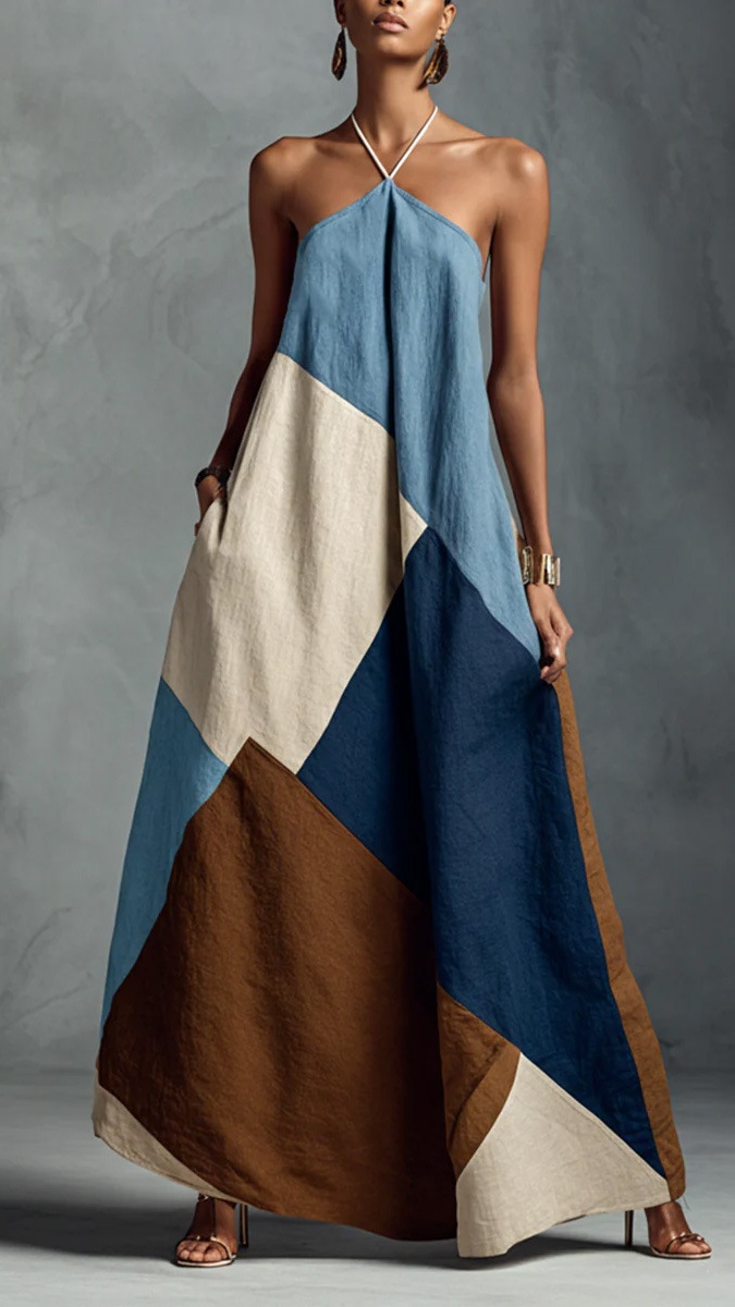 Women's color-blocked printed loose-fitting long dress - Nordfashionstorm - Women's Clothing, Fashion for You - Nordfashionstorm.com