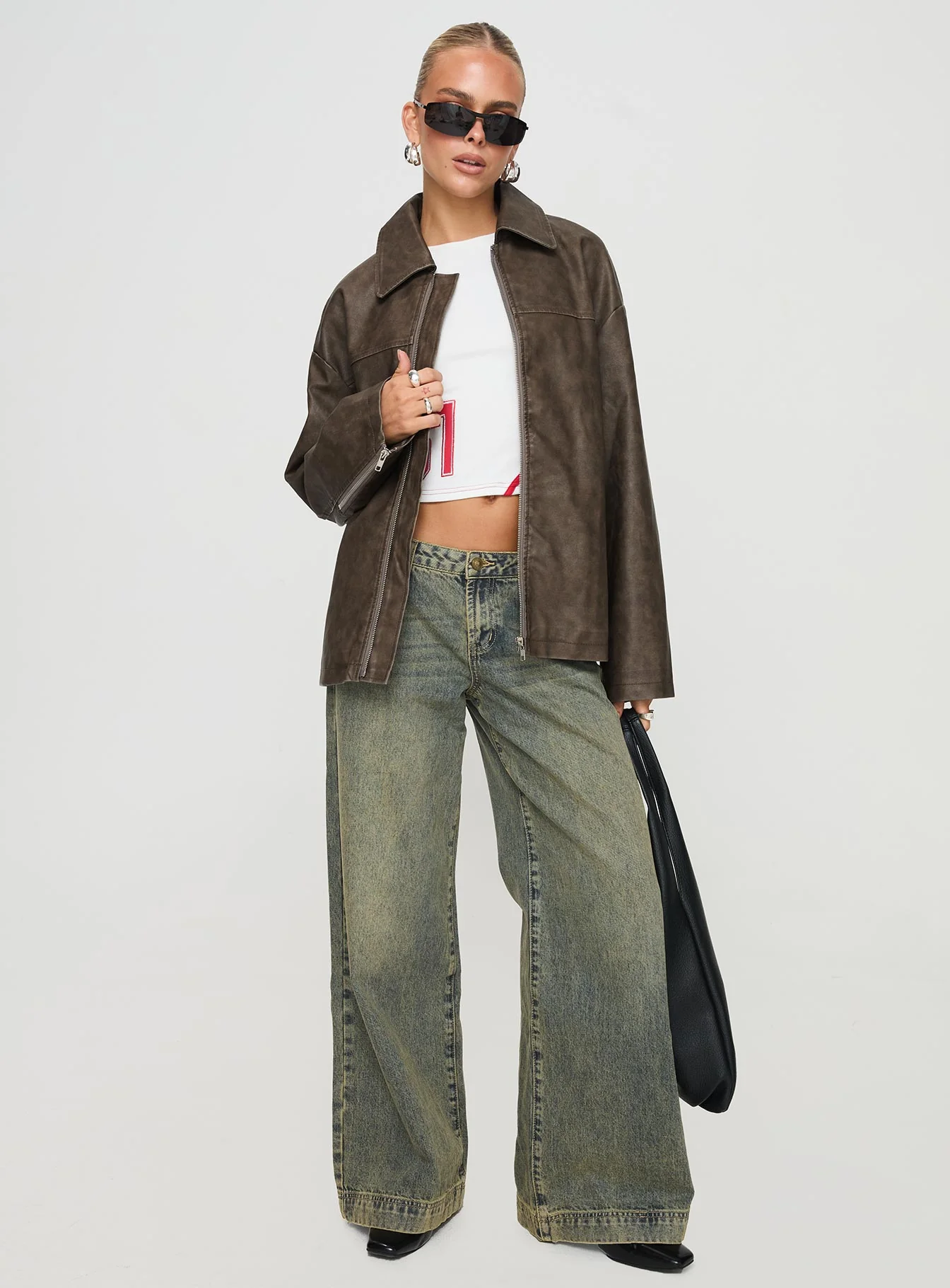 Faux Leather Collared Dad Jacket Washed Brown