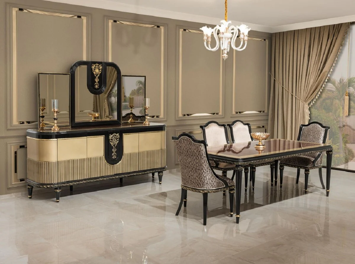 Luxury Baroque Dining Room Set Silver Pattern / Brown / Black / Gold - 1 Baroque Dining Table & 6 Baroque Dining Chairs - Luxury Dining Room Furniture in Baroque Style - Baroque Dining Room Furniture