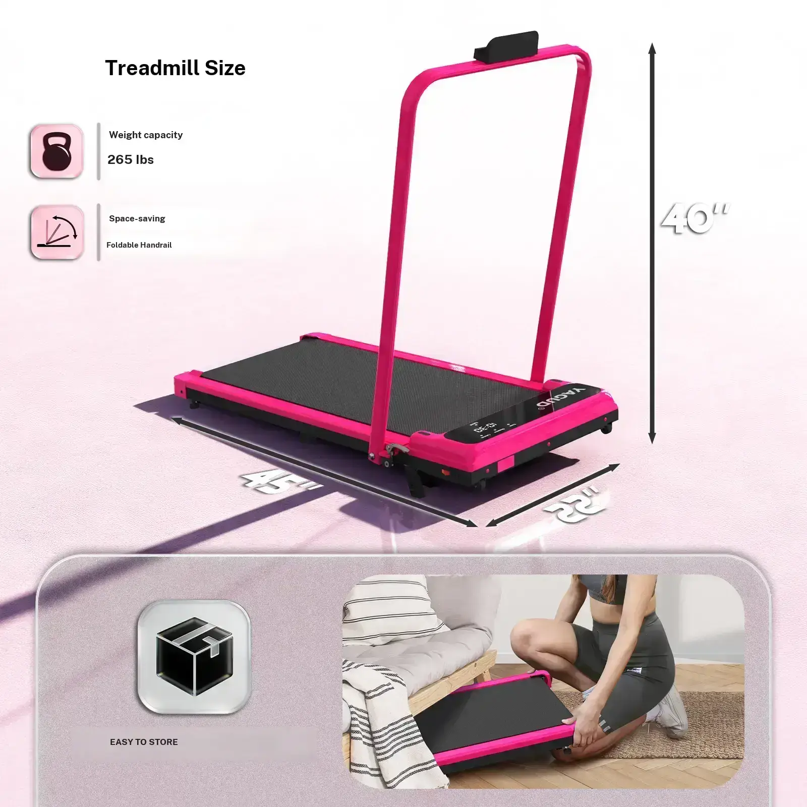 【SUMMERSALE】 YAGUD Foldable Handrail Adjustable Incline Treadmill, Low Noise Motor Walking Pad, 265lbs Weight Capacity, Remote Control & Wheels for Easy Mobility, Dual Shock Absorption System Home Gym Equipment, Home Workout Equipment
