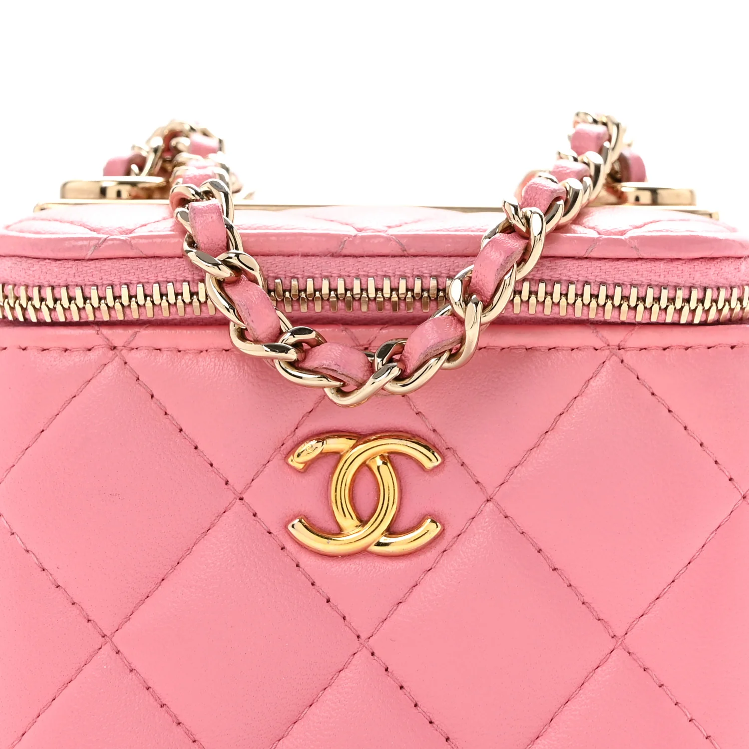Lambskin Quilted Trendy Mini Vanity Case With Chain Pale Pink - Top Club