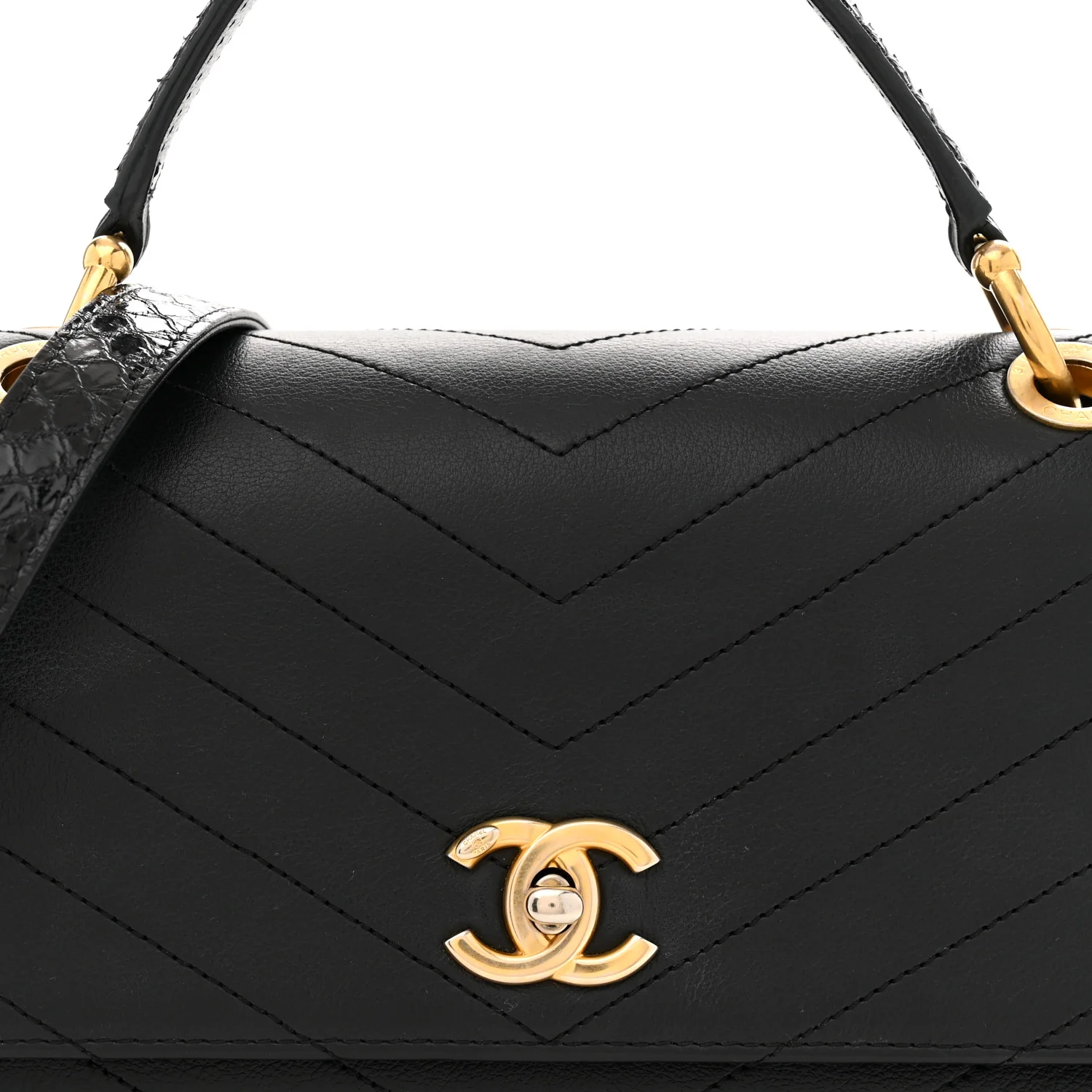 Grained Calfskin Snakeskin Small Chevron Chic Top Handle Flap Black - Top Club