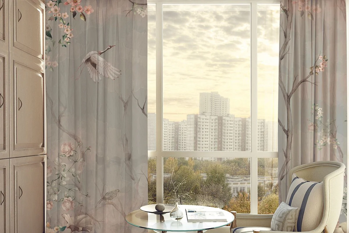 Luxury curtain set birds in the forest light gray / multicolored 250 x H. 290 cm - printed linen & velvet curtains - eyelet curtains - sliding curtains - luxury quality