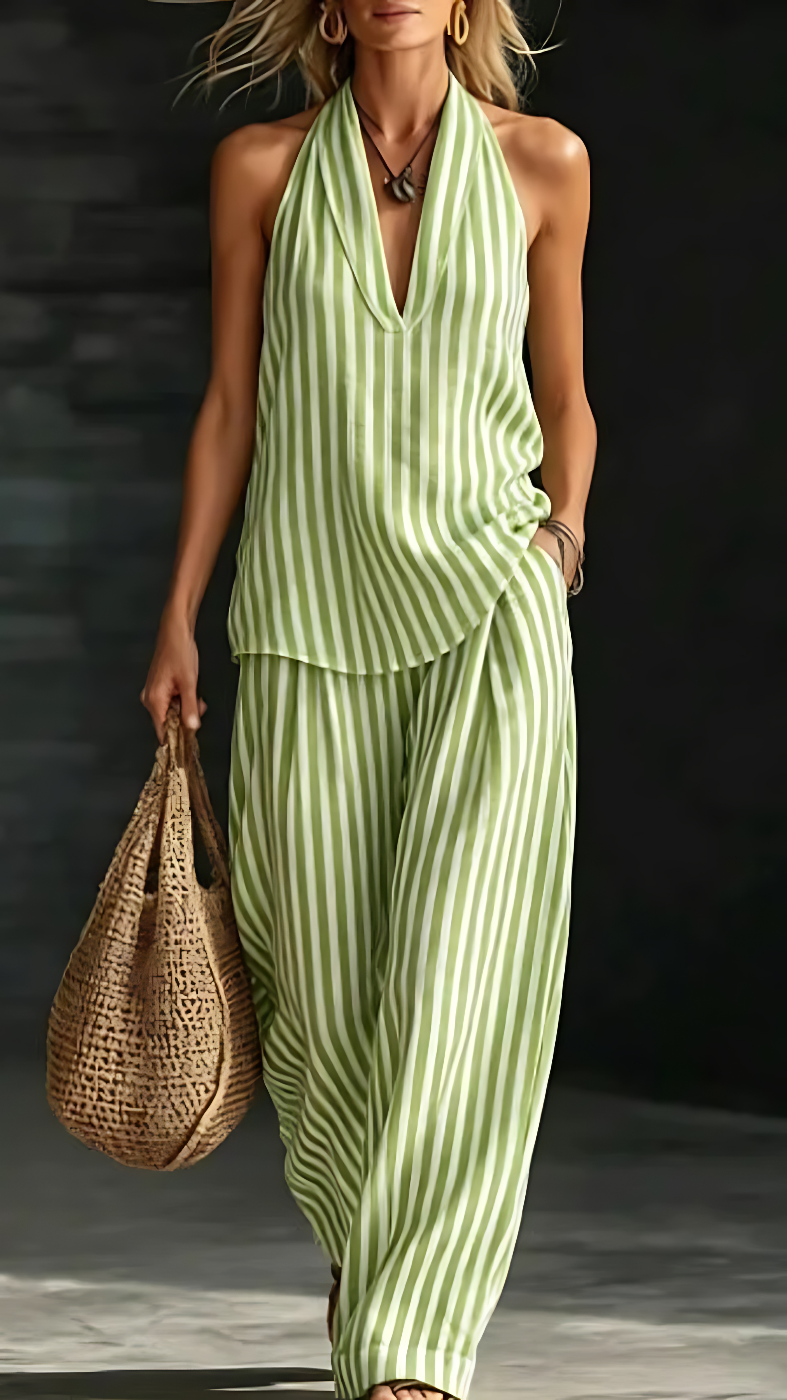 Women's Striped Cotton-Linen Set: Wide-Leg Pants & Halter Top - Nordfashionstorm - Women's Clothing, Fashion for You - Nordfashionstorm.com