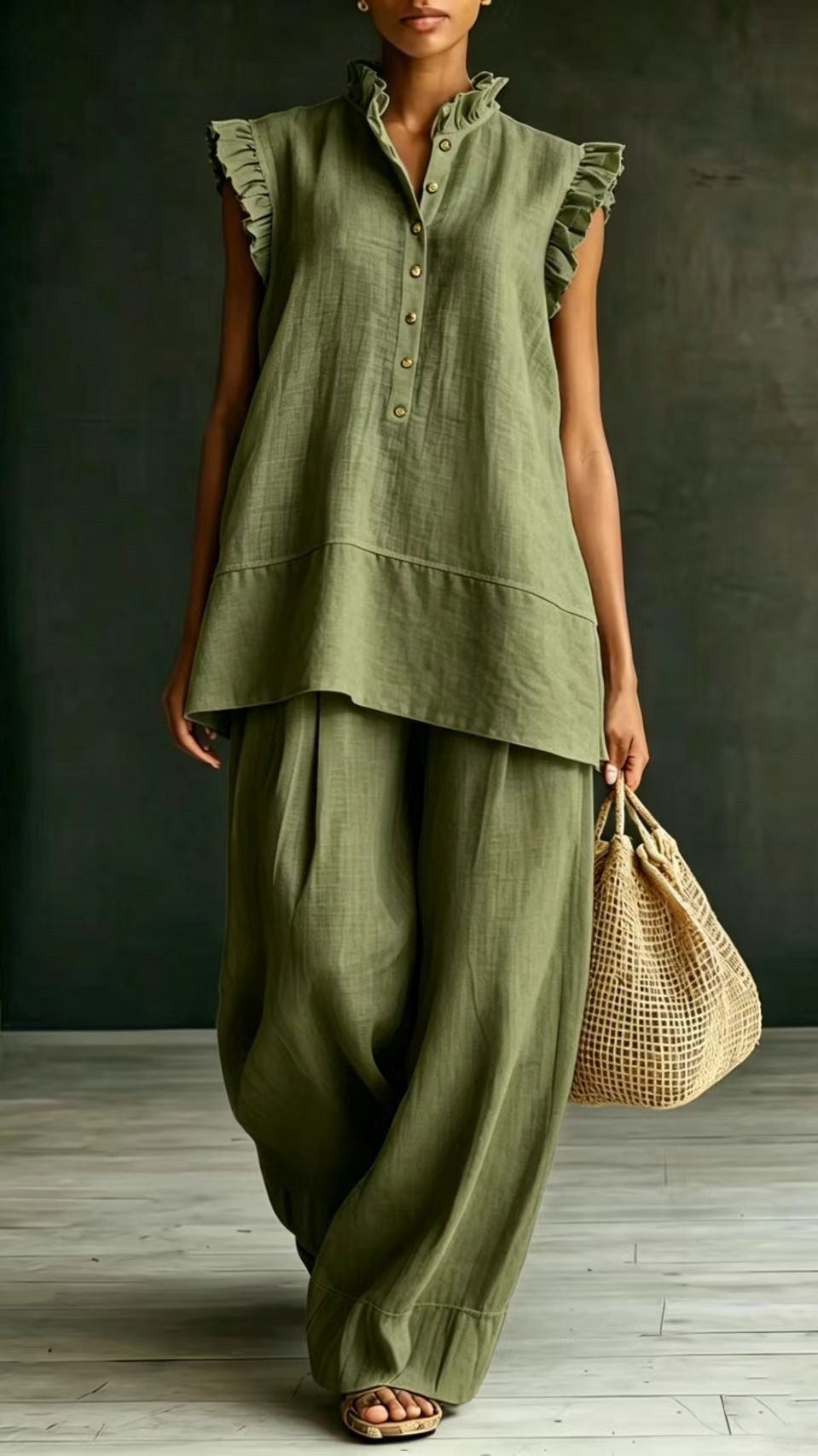 Women's Ruffled Sleeveless Shirt and Loose-Fit Trousers Two-Piece Set - Nordfashionstorm - Women's Clothing, Fashion for You - Nordfashionstorm.com