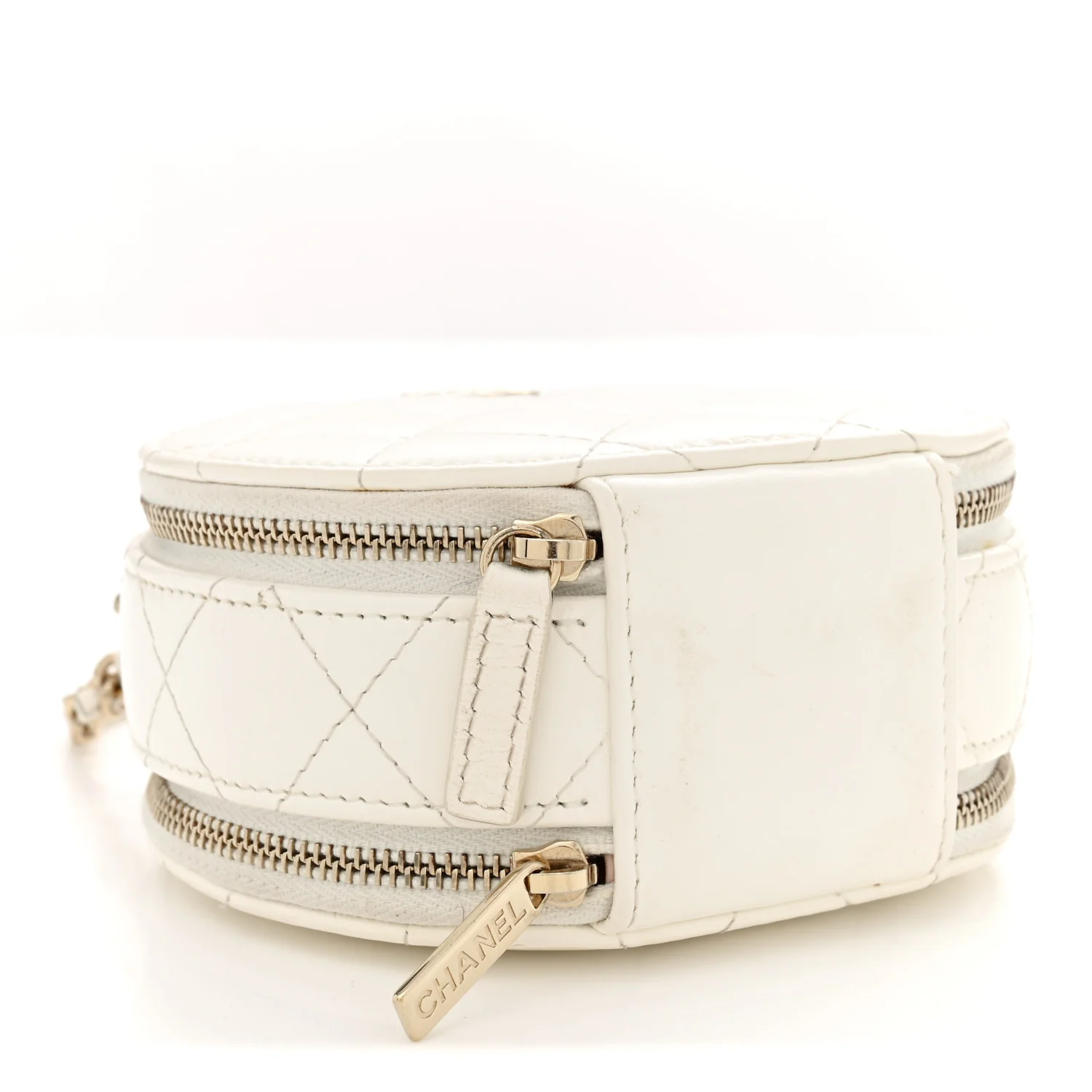 Lambskin Quilted Round Handle With Care Vanity With Chain White - Top Club