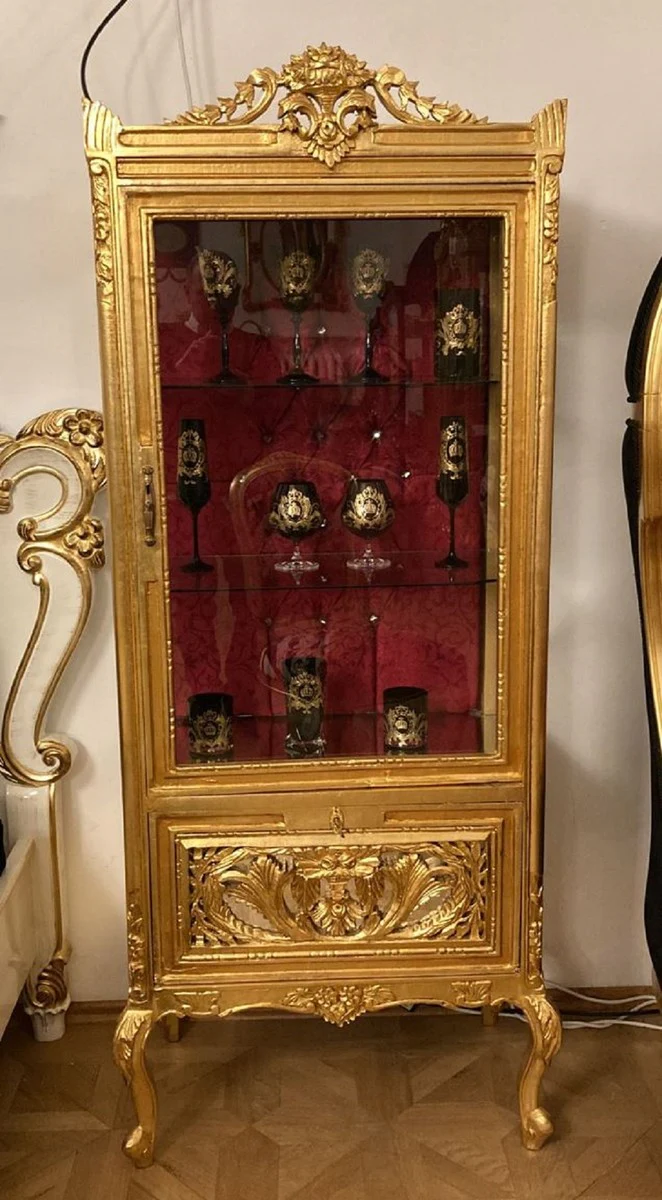 Baroque display cabinet gold / burgundy red - handmade solid wood antique style display cabinet with glass door and drawer - antique style furniture - baroque furniture - living room furniture in baroque style