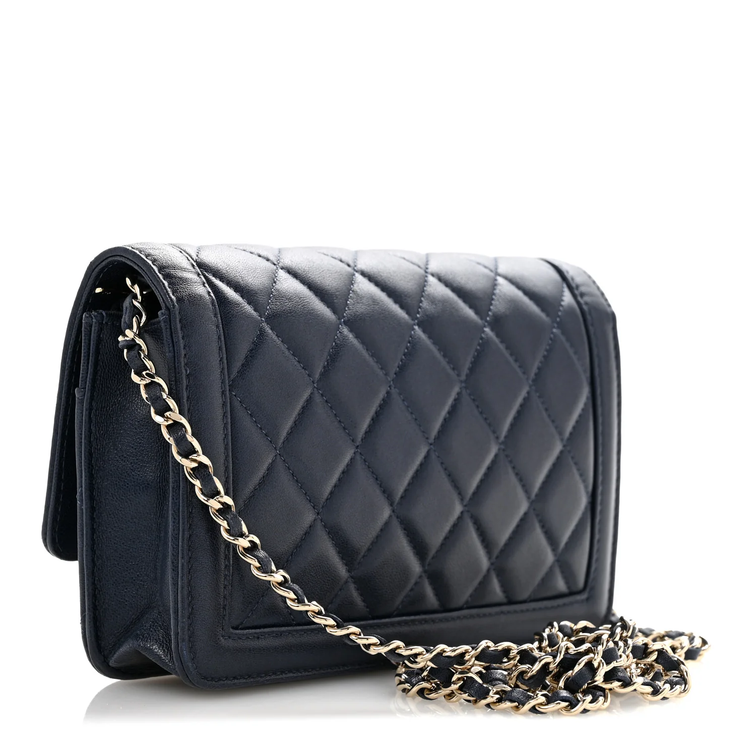 Lambskin Quilted Hold The Line Wallet On Chain WOC Dark Blue - Top Club