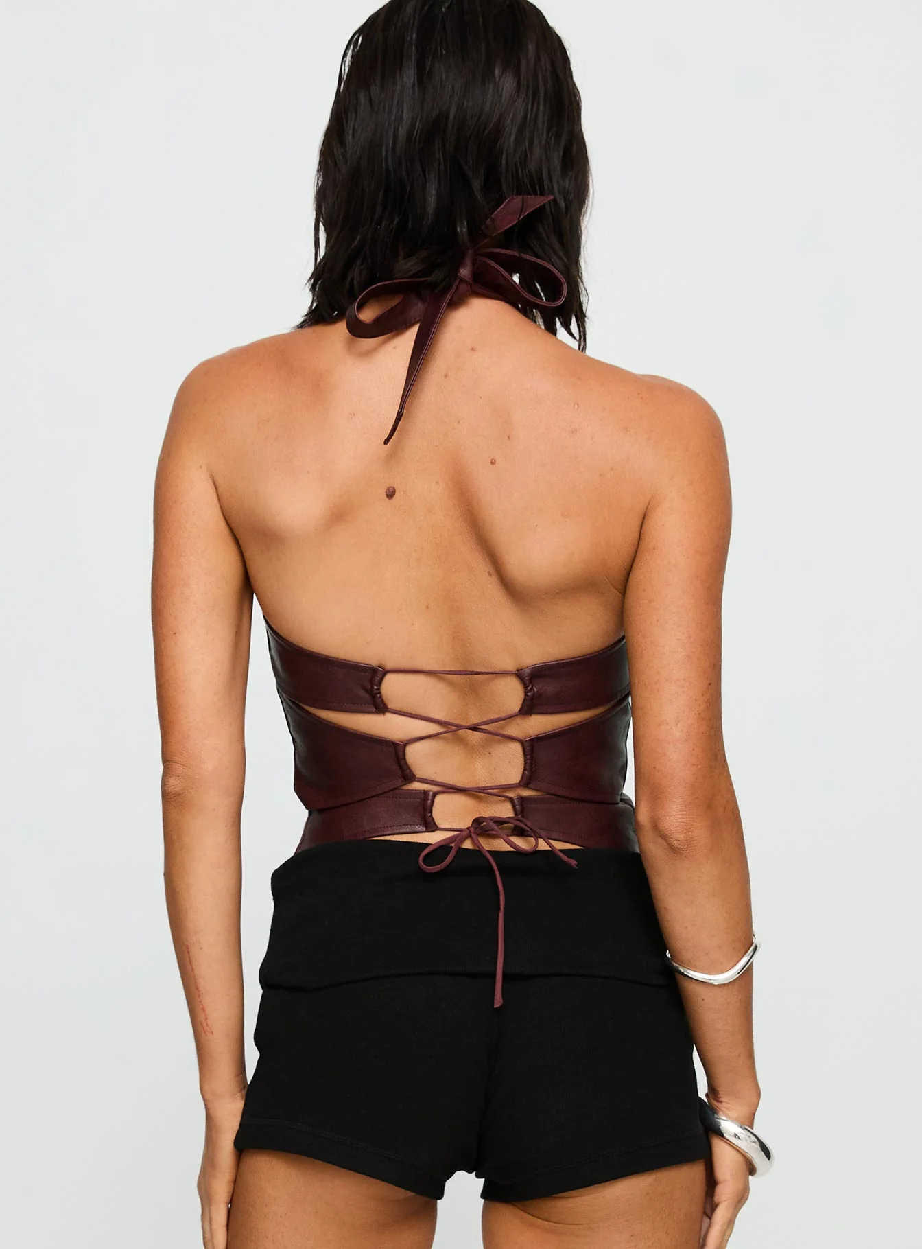 Treat You Better Ring Detail Faux Leather Top Burgundy