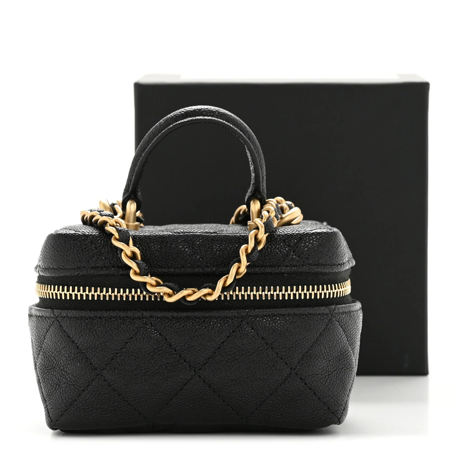 Caviar Quilted Mini Top Handle Vanity With Chain Black - Top Club