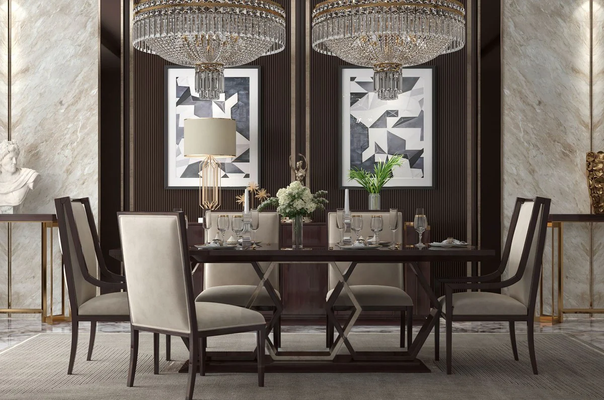 Luxury Art Deco dining room set beige / dark brown high gloss / gold - 1 dining room table & 6 dining room chairs - Art Deco dining room furniture - luxury quality