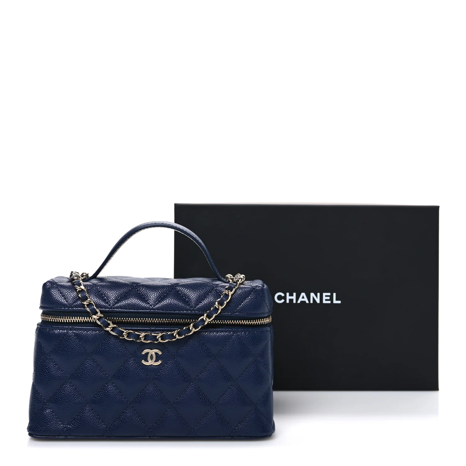 Caviar Quilted Top Handle Slim Vanity With Chain Navy - Top Club