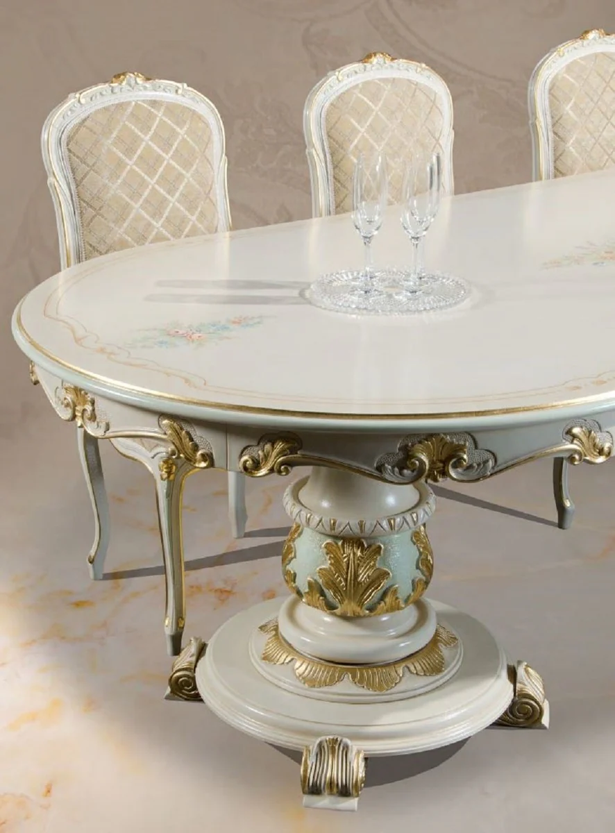 Luxury Baroque Dining Table White / Cream / Multicolor / Gold - Oval Solid Wood Dining Room Table in Baroque Style - Baroque Dining Room Furniture - Luxury Quality - Made in Italy