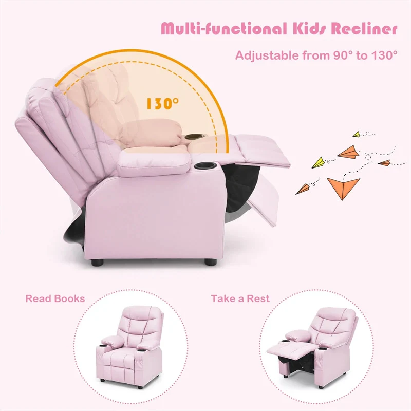 Kids Recliner Chair PU Leather Adjustable Lounge Sofa with Cup Holder, 3 Pockets & Retractable Footrest, Ergonomic Toddler Furniture Sofa
