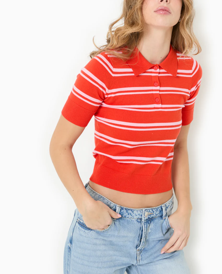 Pimkie Pull manches courtes col polo motif rayures