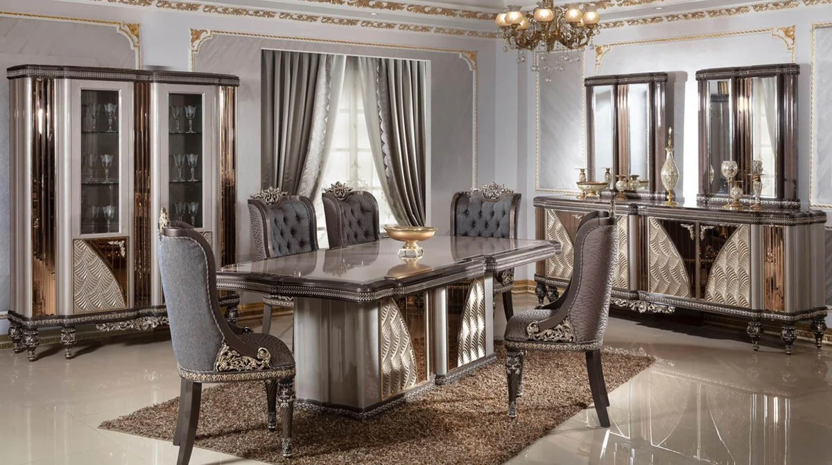 Luxury Baroque Dining Room Chair Set of 6 Blue / Gray / Dark Brown / Gold - Baroque Style Kitchen Chairs with Pattern - Luxury Dining Room Furniture in Baroque Style - Baroque Dining Room Furniture