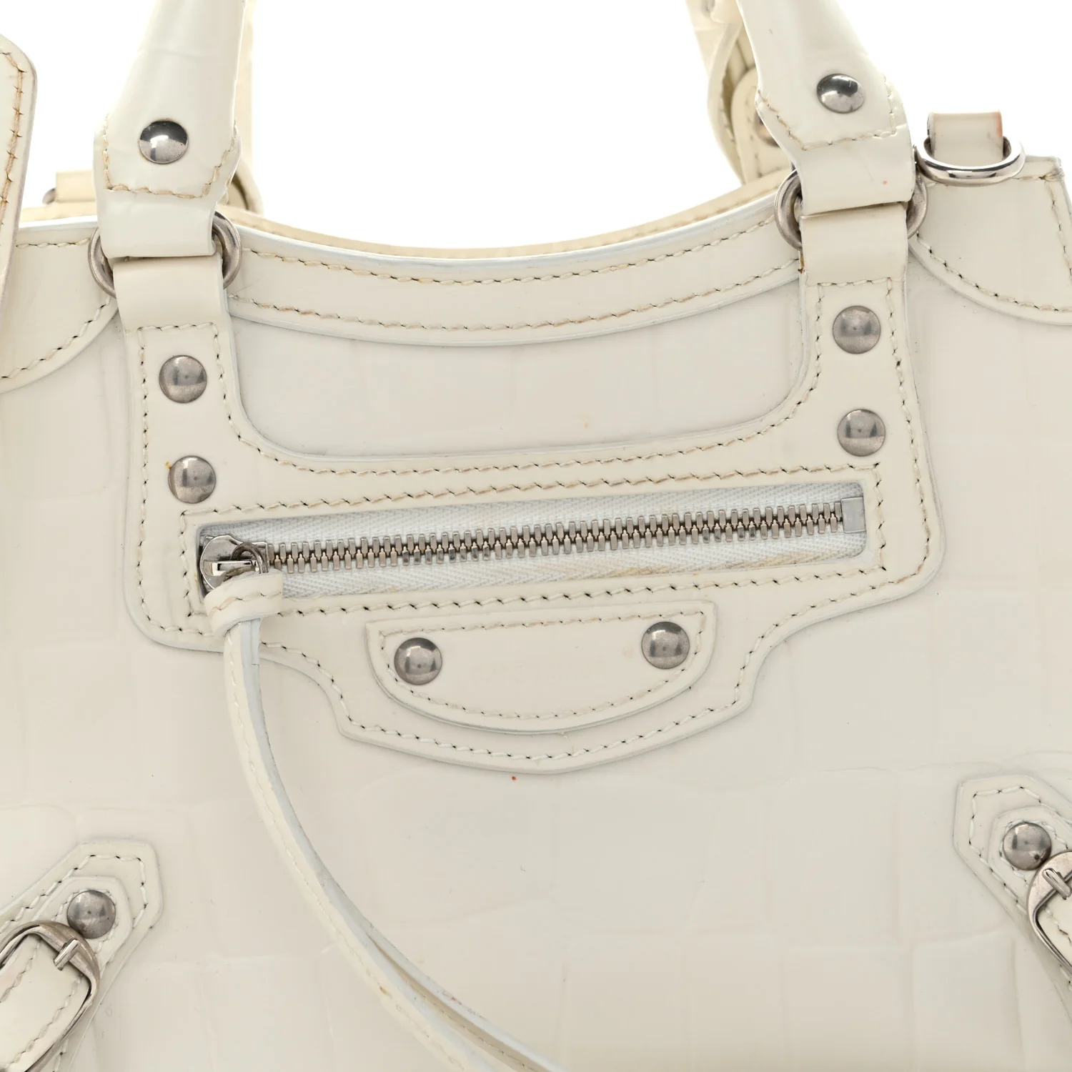 Semi Shiny Calfskin Crocodile Embossed Neo Classic Silver Hardware Nano City Crossbody White - Top Club