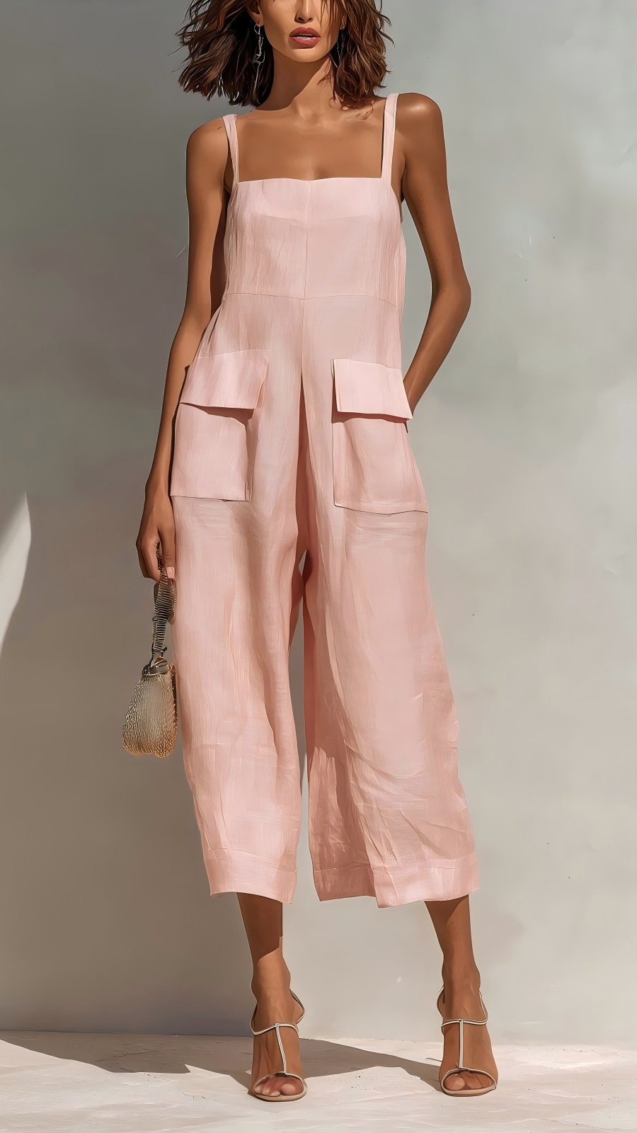 Women's Elegant Sleeveless Cropped Jumpsuit — Loose Fit, Wide-Leg, Thin Straps, Patch Pockets - Nordfashionstorm - Women's Clothing, Fashion for You - Nordfashionstorm.com