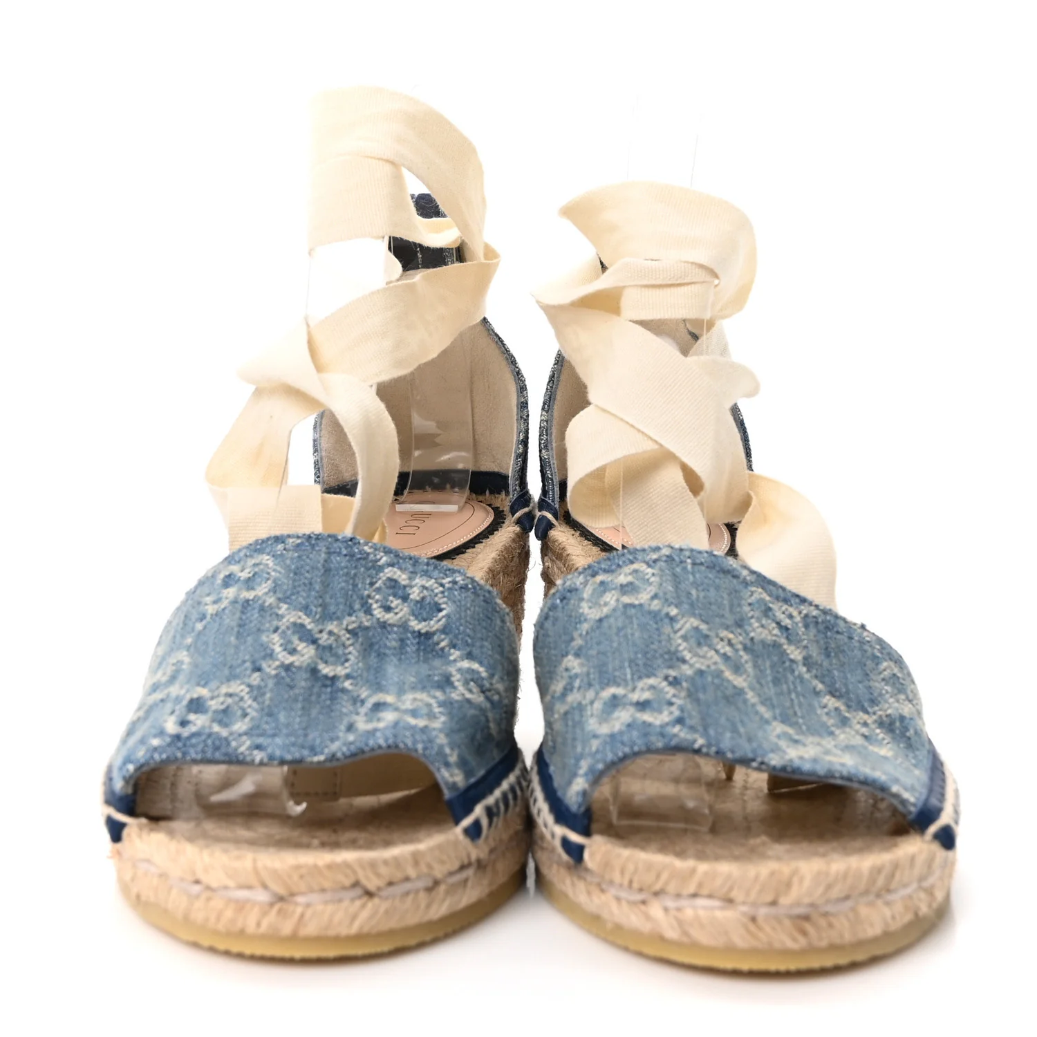 New Denim GG Monogram Pilar Ankle Wrap Espadrille Wedge Sandals 36.5 Light Blue - Top Club