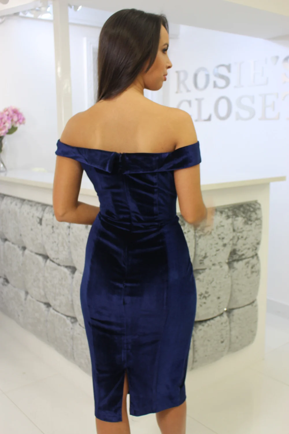 Velvet Bardot Midi Dress Navy