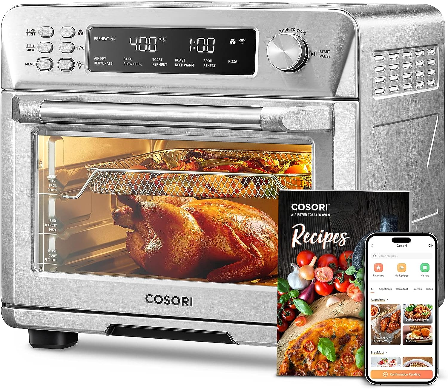 COSORI Toaster Oven Air Fryer Combo, 12-in-1, 26QT Convection Oven Countertop, Stainless Steel with Toast Bake and Broil, Smart, 6 Slice Toast, 12'' Pizza, 75 Recipes & Accesories