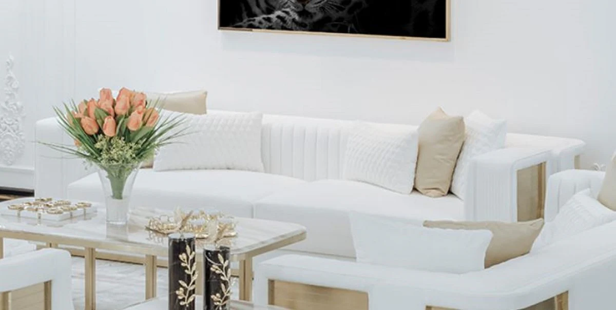 Luxury sofa white / gold 290 x 98 x H. 72 cm - living room sofa - hotel sofa - living room furniture - living room furniture - hotel furniture - luxury furniture - luxury furniture
