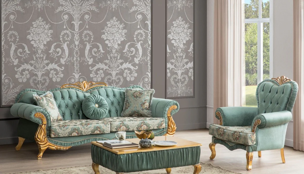 Luxury Baroque Living Room Set Green / Gold - 2 Sofas with Pattern & 2 Armchairs with Pattern & 1 Coffee Table - Living Room Furniture in Baroque Style - Noble & Magnificent