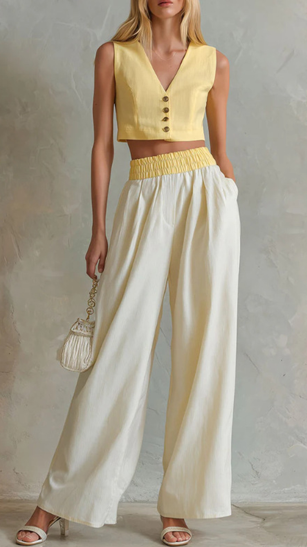 Women's Cotton‑blend V‑Neck Button‑Front Vest Elastic‑Waist Wide‑Leg Pant Set - Nordfashionstorm - Women's Clothing, Fashion for You - Nordfashionstorm.com