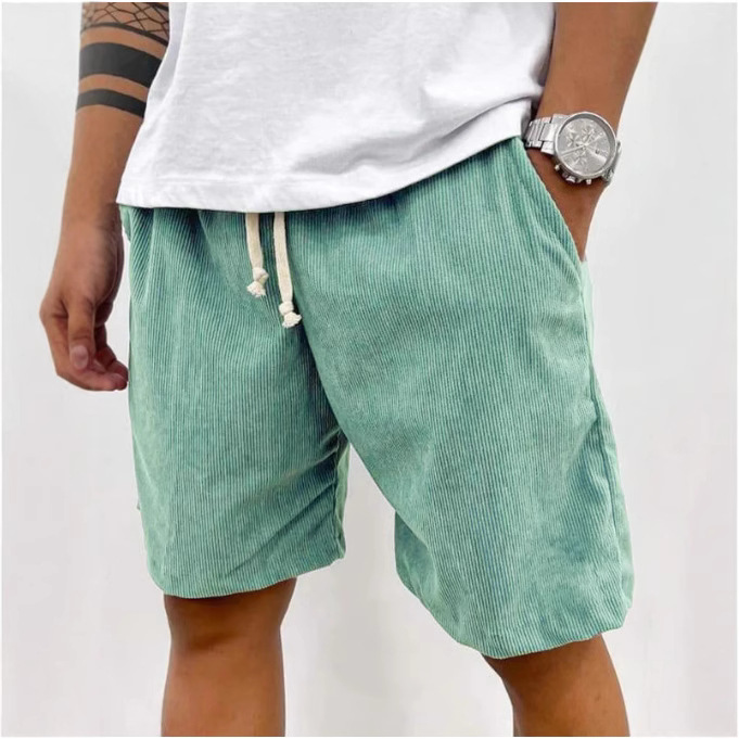 2025 European and American Spring/Summer Solid Color Corduroy Tie-Waist Sports Shorts, Simple Men's Casual Shorts