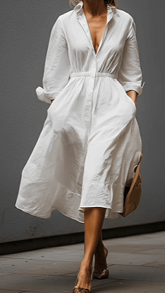 White Shirt-Collar Dress with Elastic Waist - Nordfashionstorm - Women's Clothing, Fashion for You - Nordfashionstorm.com