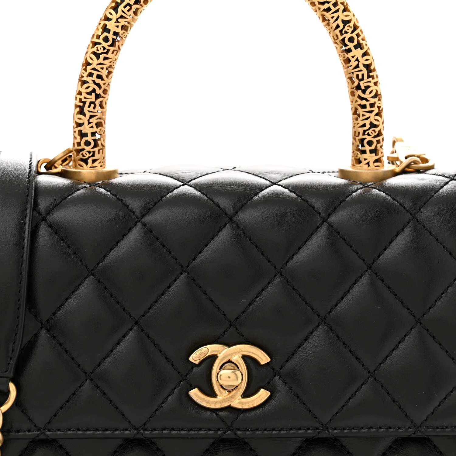 Calfskin Quilted Mini Logo Coco Handle Flap Black - Top Club