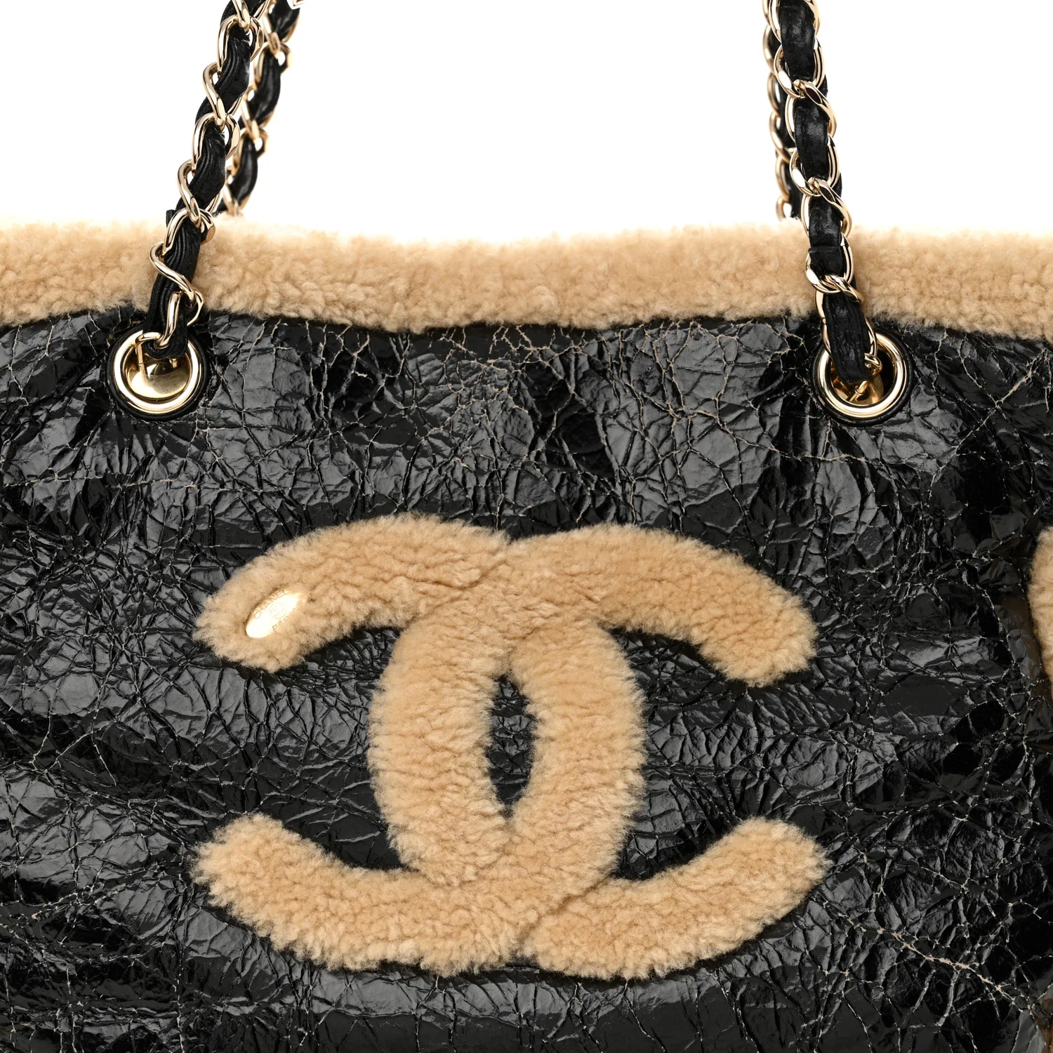 Shiny Crumpled Sheepskin Shearling CC Mania Tote Bag Black Beige - Top Club