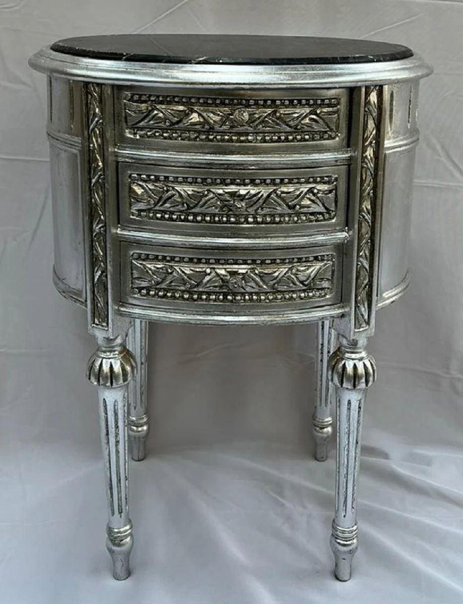 Baroque night dresser antique silver / black - Magnificent baroque style chest of drawers with 3 drawers and marble top - Baroque furniture - Bedroom furniture in the baroque style