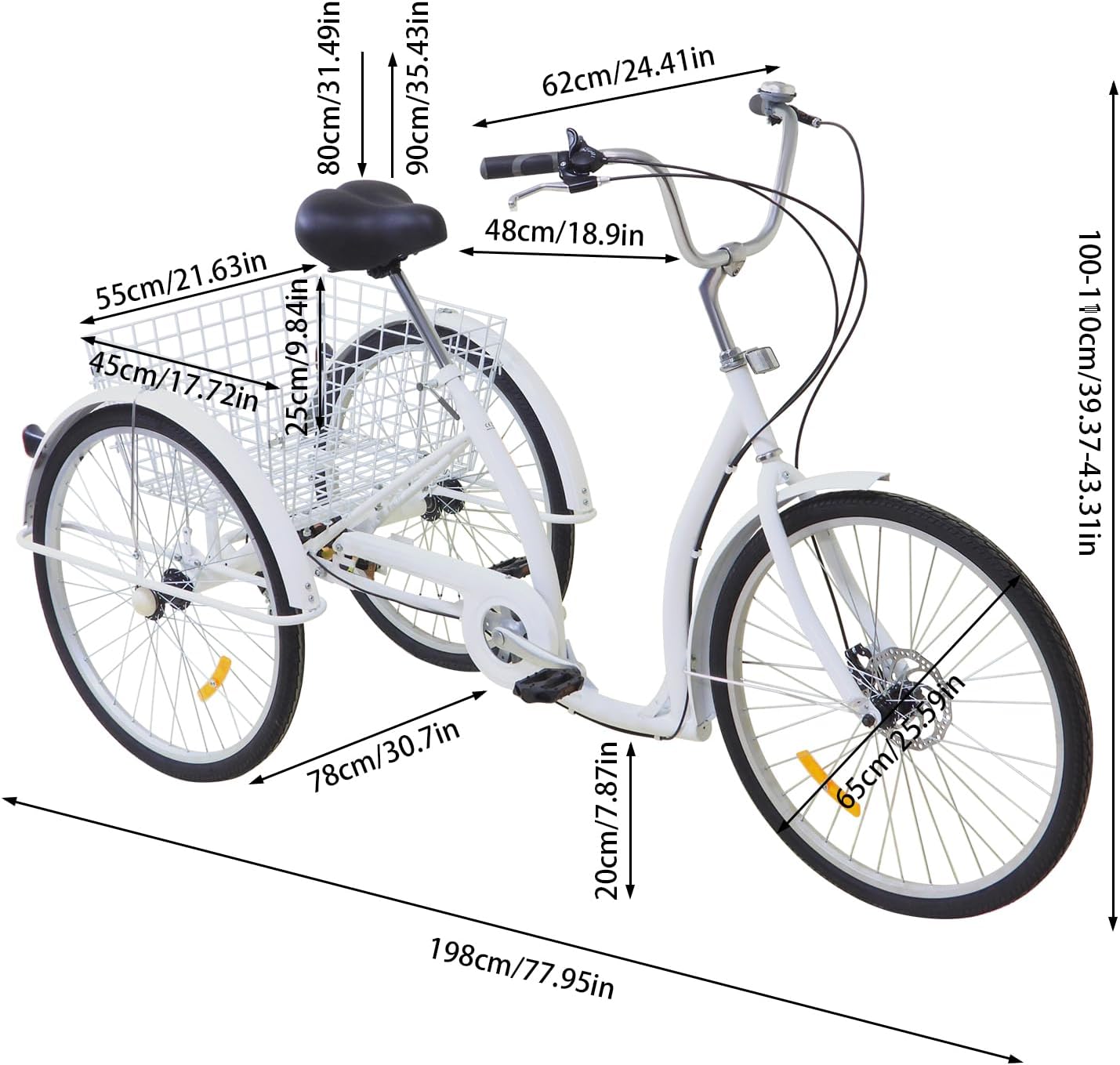 26 Pollice 6 Marce 3 Ruote Triciclo Bicicletta per Adulti Anziani con Cestino Bianco Anziani Donne Per Trike Bike Ciclismo Porta