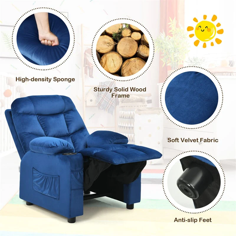 Kids Recliner Chair Adjustable Velvet Lounge Sofa with Cup Holders, 3 Pockets, Retractable Footrest, Toddler Furniture Sofa for Boys Girls Room