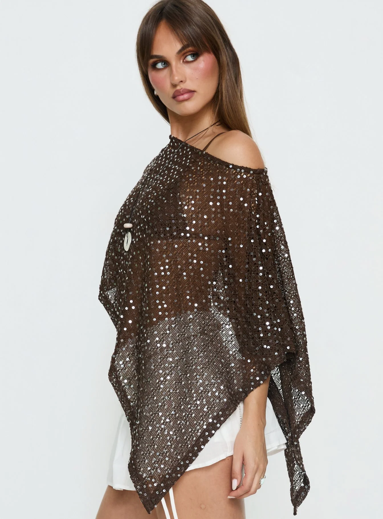 Grotto Asymmetrical Boat Neck Poncho Brown Sparkle