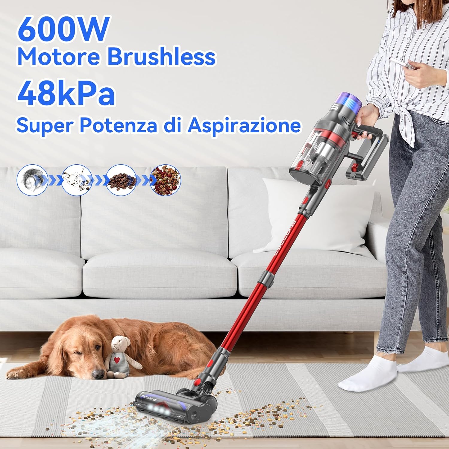 VSTOKY V15 Pro Max Aspirapolvere senza Fili 48KPa/600W, 70 Min Scopa Elettrica Verticale senza Filo Potente con Touchscreen Intelligente, Anti-Avvolgimento per Pavimenti, Tappeti e Peli Animali