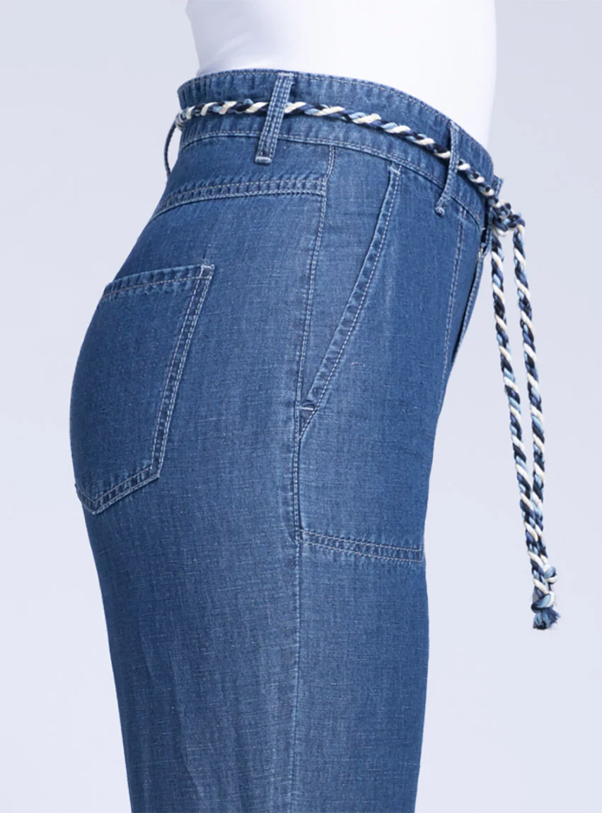 Pantalon 7/8 femme en coton et lin bleu indigo